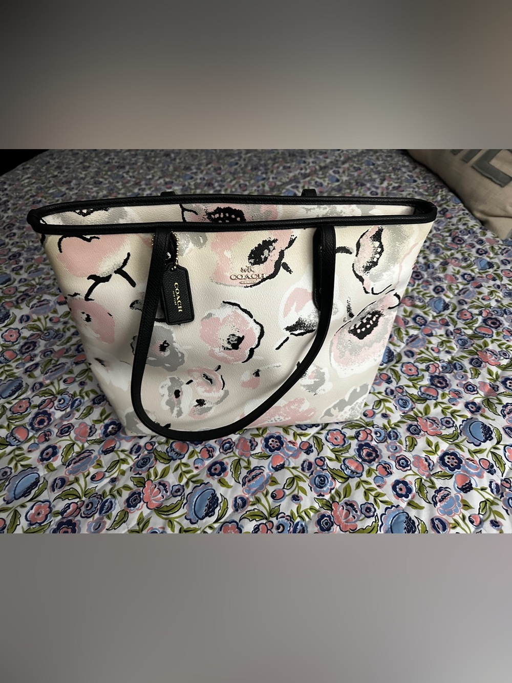 Coach Floral Print Leather Tote - Cream with Pink, Gray & Black